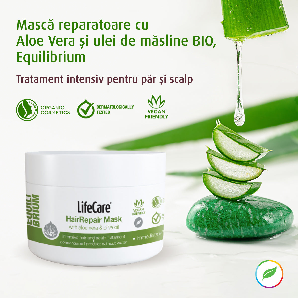 Mască reparatoare pentru păr și scalp, cu aloe vera și ulei de măsline BIO, EQUILIBRIUM