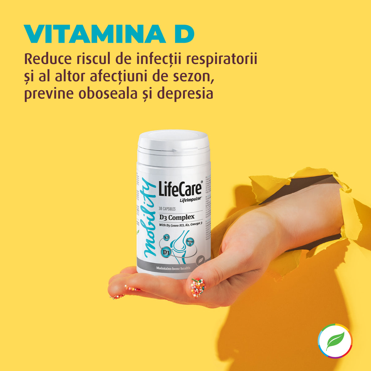Complex cu vitamina D3 (2000 UI), K2 și Omega 3 din in